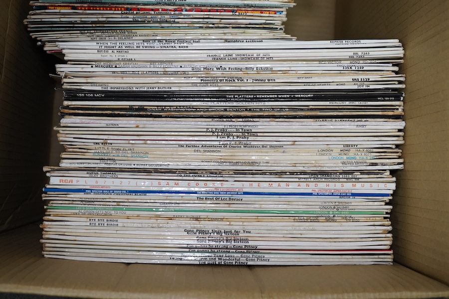 Two boxes of LP record albums, including a selection of 10 inch albums, compilations, including Soul compilations, Rhythm and Blues, etc., artists include; Gene Pitney, Lee Dorsey, Dinah Washington, Frankie Laine, Hank W